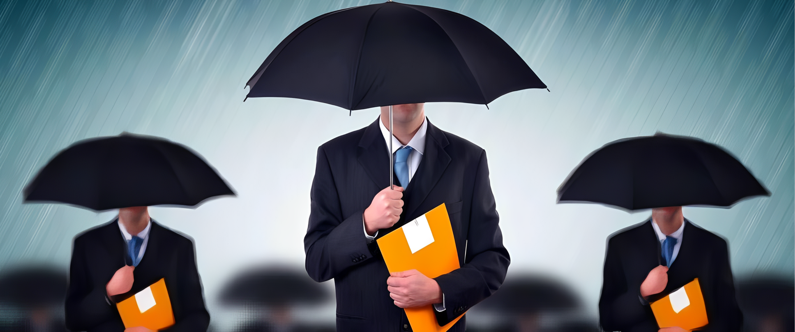 Professionals shielding from rain with umbrellas.