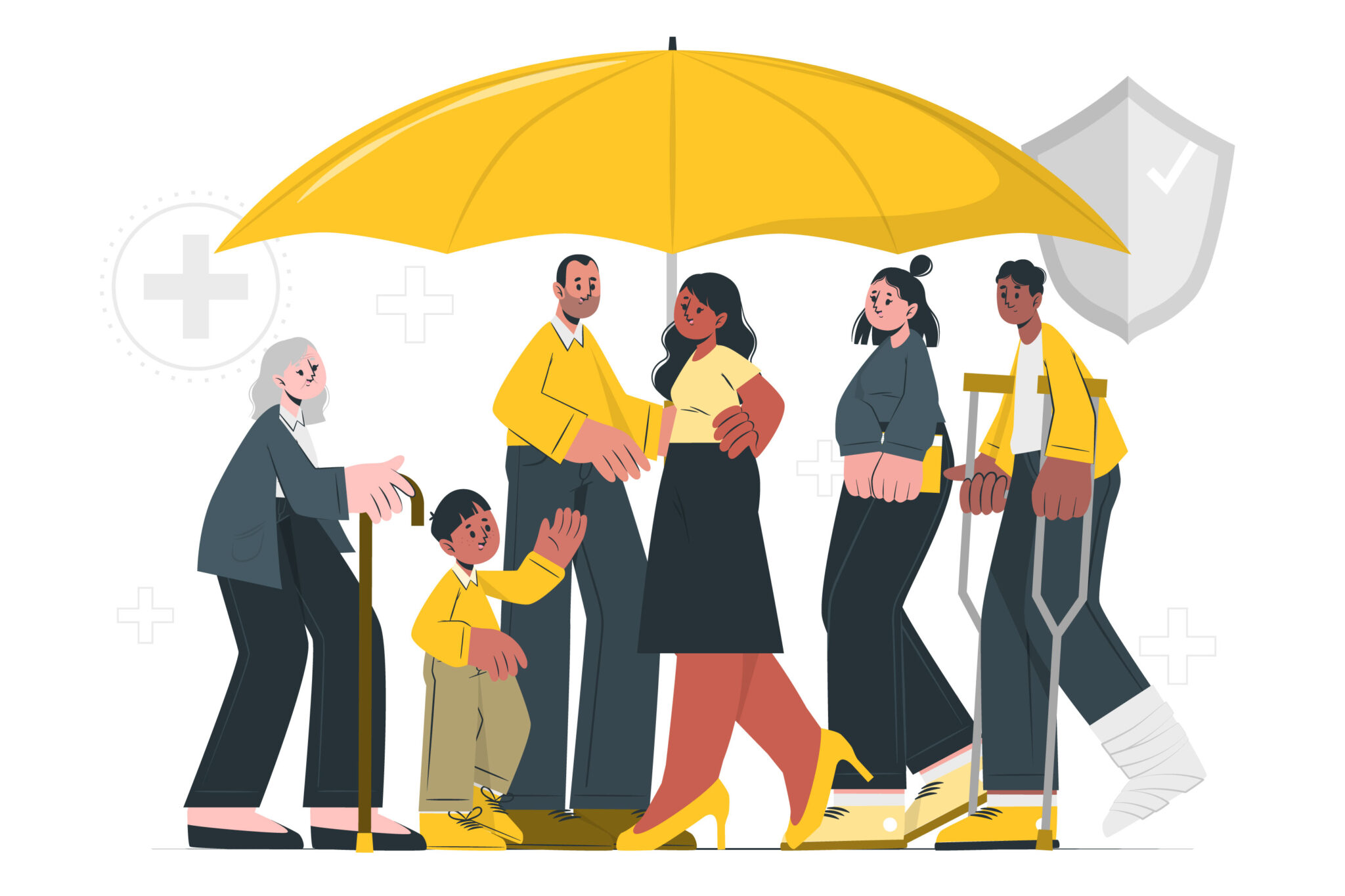 Diverse group sheltered by a yellow umbrella.