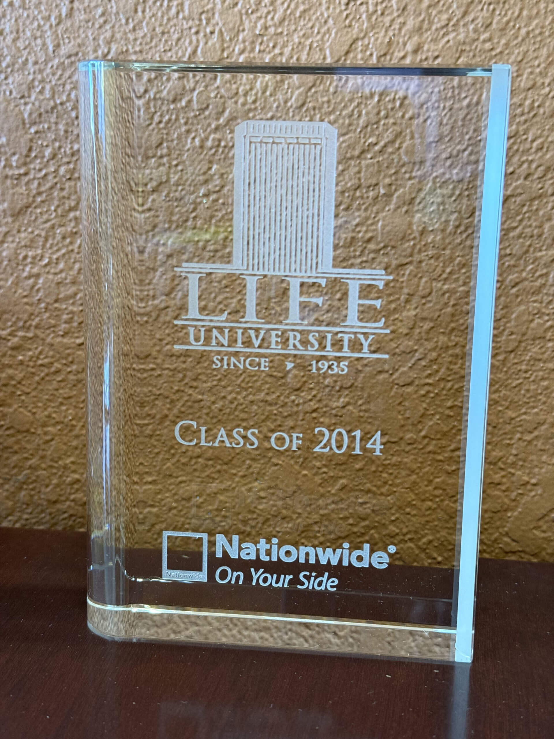 Nationwide-branded Life University glass memento