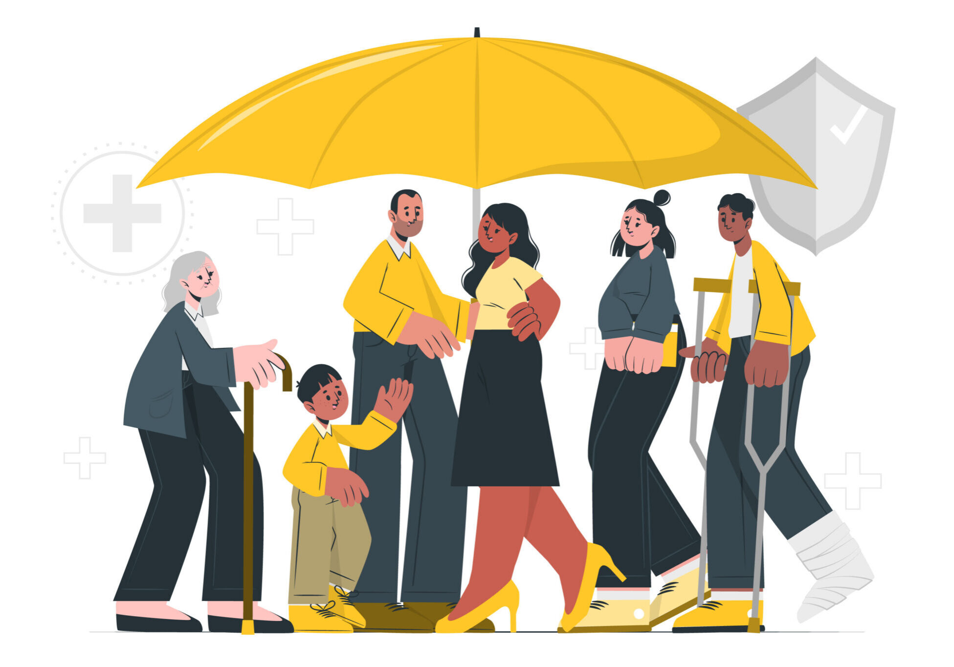 Diverse group sheltered by a yellow umbrella.